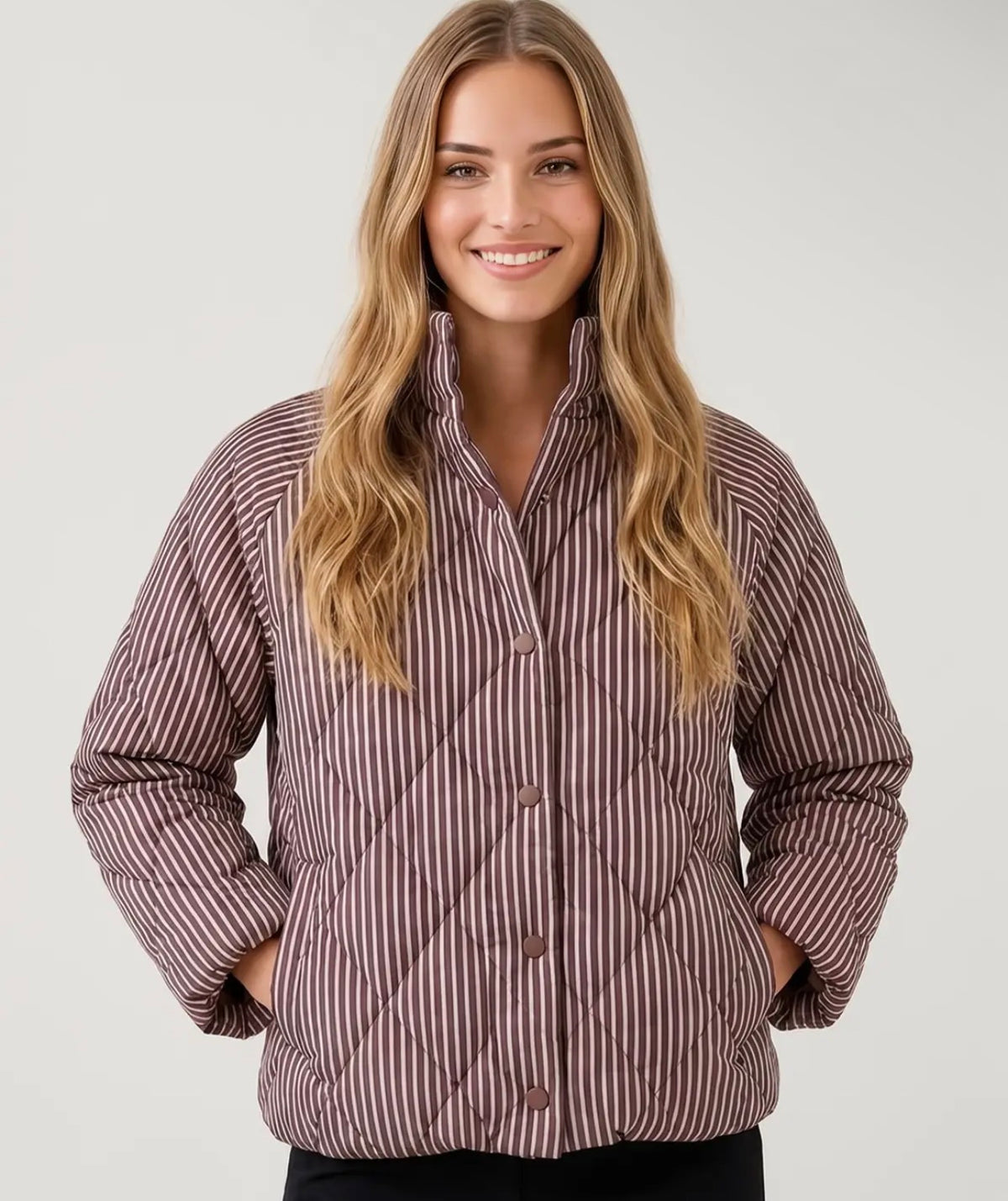 Quilted Funnel Neck Jacket – Mauve Stripe