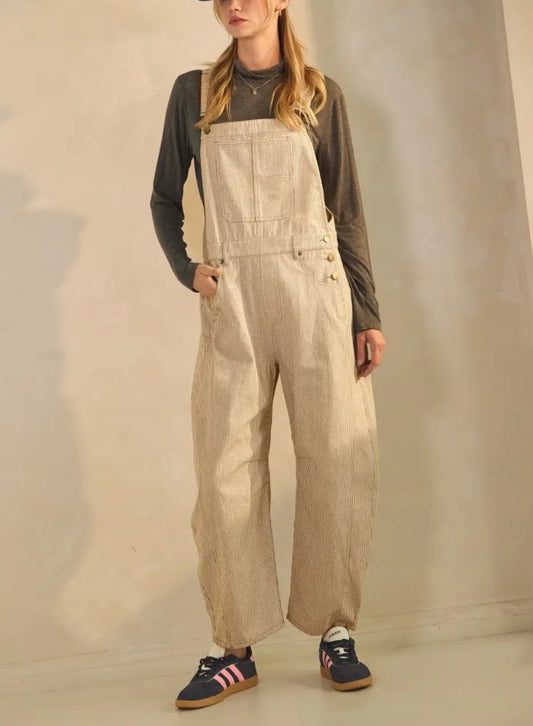 Pinstriped Barrel Leg Overalls