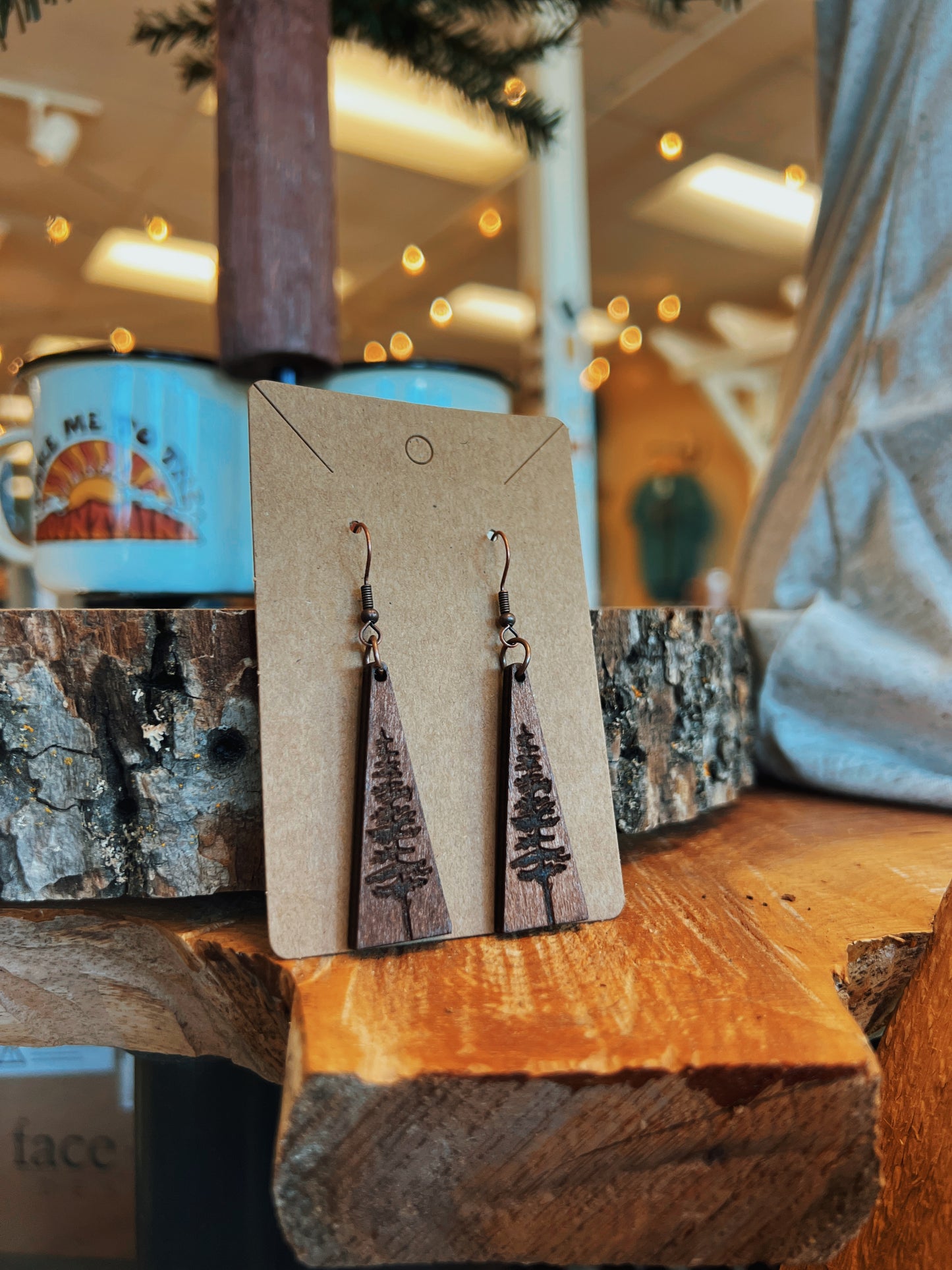 Wood Pine Tree Earrings