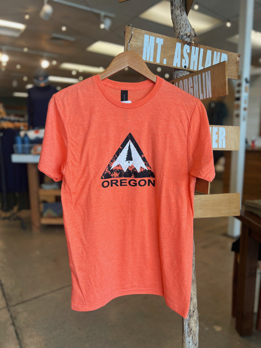 Heather Orange t-shirt with distressed black and white Oregon mountain and pine tree graphic.