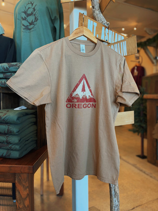 T-shirt with distressed red and cream Oregon mountain and pine graphic.