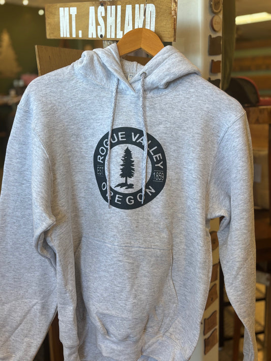 Heather gray Rogue Valley Oregon hoode with tree and Est. 1859 graphic