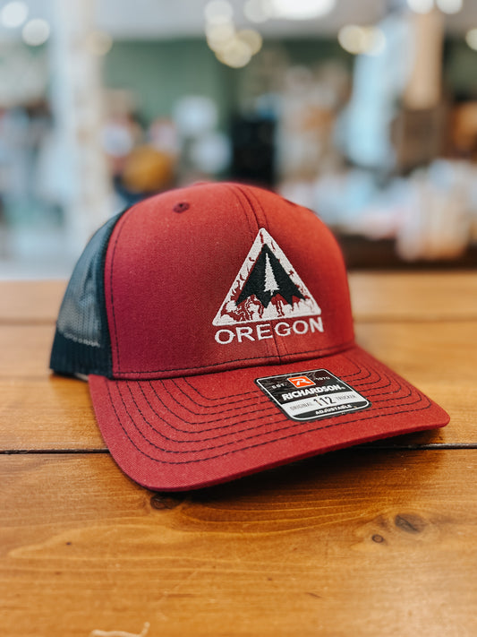Oregon mountain trucker hat with mesh and a vintage embroidered design.